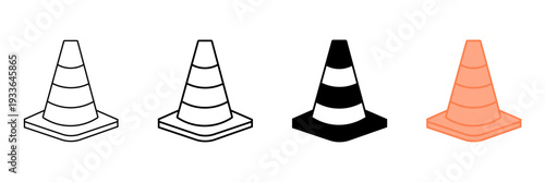 Set of minimalist traffic cone icons with transparent background, depicting road safety symbols, for construction areas, website warnings, and under maintenance signs, vector illustration