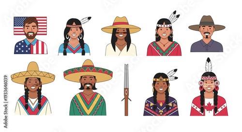 Portraits of various indigenous people wearing traditional clothing and accessories with American and Canadian motifs.