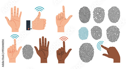 Collection of human hands making gestures and various fingerprints icons for identification and communication themes.