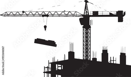 Black silhouette construction site with crane and building