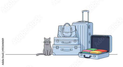 Pile of blue suitcases and travel bags next to a calm grey cat sitting on the floor against a white background wall.