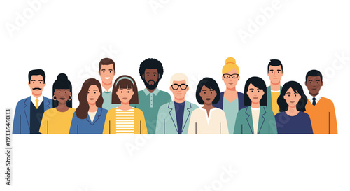 Diverse group of professional people including men and women from different backgrounds standing together in a row.