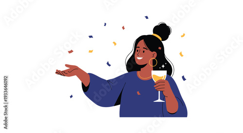Joyful woman holding a glass of white wine celebrating with colorful confetti falling around her on white background.