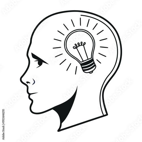 Human Head Profile with Glowing Light Bulb Inside Brain Vector Illustration, Concept of Creative Thinking, Innovation, New Idea, Intelligence, and Problem Solving Symbol