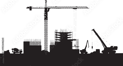 Black silhouette construction site with crane and building