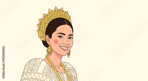 Panamanian woman wearing a traditional pollera dress with an elaborate gold crown and jewelry for cultural festival.