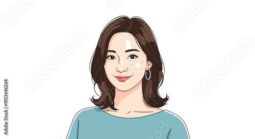Smiling young woman with brown wavy hair wearing a teal top and hoop earrings against a white background portrait.