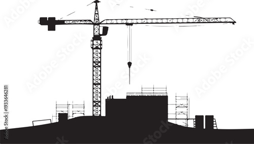 Black silhouette construction site with crane and building
