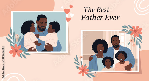 Heartwarming Father Day card design featuring photo frames of a loving Black father with his children on a soft pink floral background.