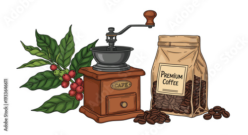 Traditional coffee set with a manual wooden grinder, a brown paper bag of premium beans, and a coffee plant branch with red cherries.