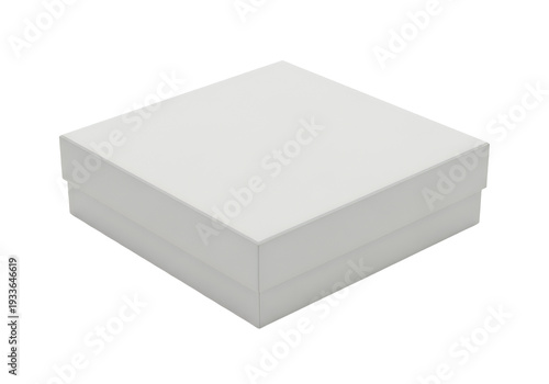A white square box with a lid It sits on a white surface casting a subtle shadow