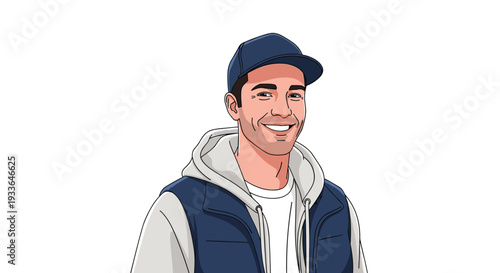 Cheerful young man wearing a blue baseball cap, grey hoodie, and blue puffer vest smiling happily while looking at the camera.