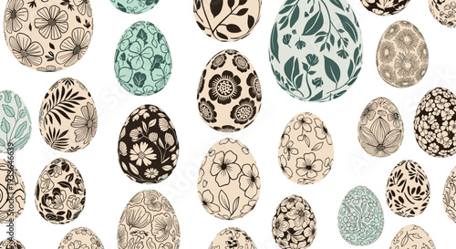 Decorative Easter egg pattern featuring a variety of elegant floral and botanical illustrations in muted vintage tones on a white background.