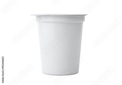 A white yogurt container with a foil lid sits on a white surface The container has a cylindrical body