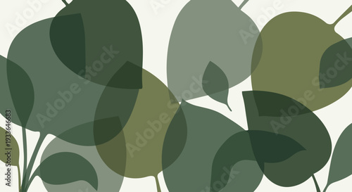Subtle vector illustration of oversized, stylized leaf silhouettes. Soft monochromatic forest green or olive tones. Flat design, minimalist botanical shapes overlapping slightly with varying opacity. 