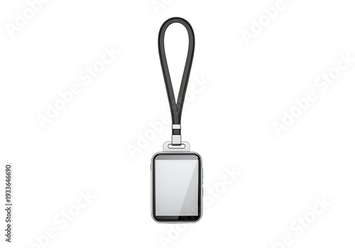 A wristwatch with a wrist strap hangs in front of a white backdrop