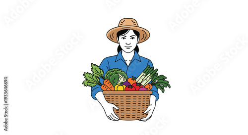 Friendly female farmer wearing a wide brimmed straw hat and blue shirt holding a wicker basket overflowing with fresh garden vegetables.