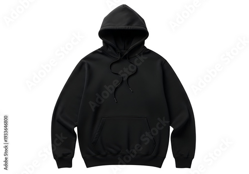 Black hoodie against a white background Features a hood with drawstrings a kangaroo pocket and ribbed cuffs