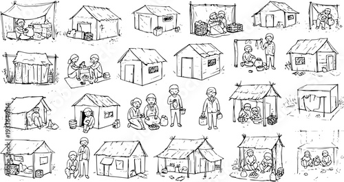 Refugee Camp: Hand-Drawn Illustration of Temporary Housing, People, and Aid Supplies