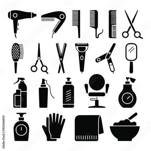Minimal Black Hair Salon Icon Set – Flat Silhouette Vector Collection