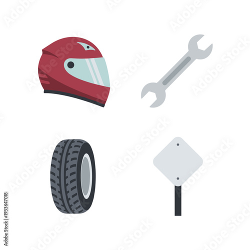 Racing Helmet Tire Wrench and Sign Icons.