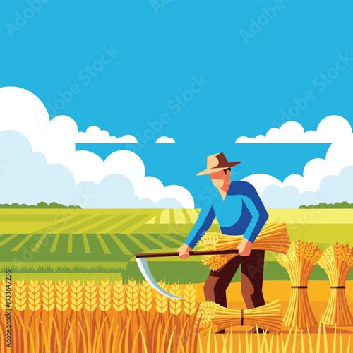 Farmer Harvesting Wheat Field with Scythe Under Blue Sky.