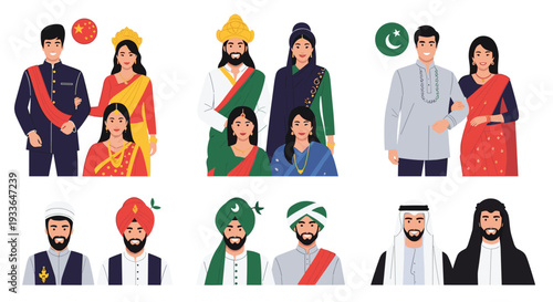Diverse group of people from different cultures dressed in traditional attire from China, Pakistan, India, and Middle Eastern countries.