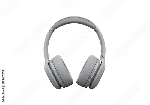 Gray overear headphones facing forward on white background Earpads are soft with control buttons on one side