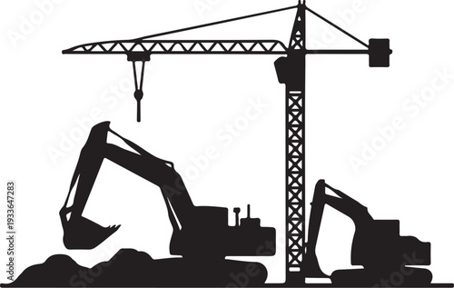 Black silhouette construction site with crane and excavators