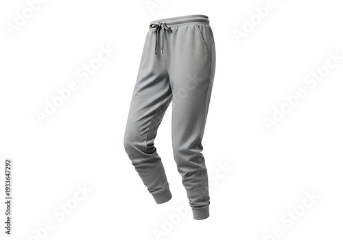 Gray athletic sweatpants with a drawstring waist and fitted cuffs set against a white background