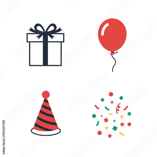 Birthday Party Icons Set Gift Balloon Hat Confetti.