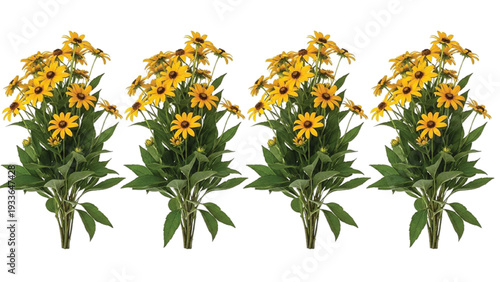 Four Bouquets of Yellow Flowers with Green Leaves floral arrangement