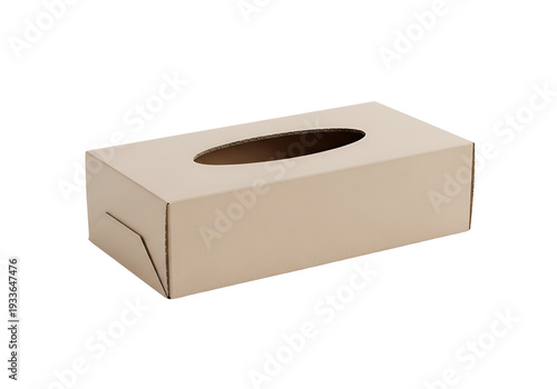 Rectangular cardboard tissue box with an oval opening The box is tan and sits on a white surface