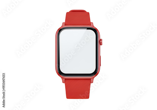 Red smartwatch with a square screen and matching strap on a white background