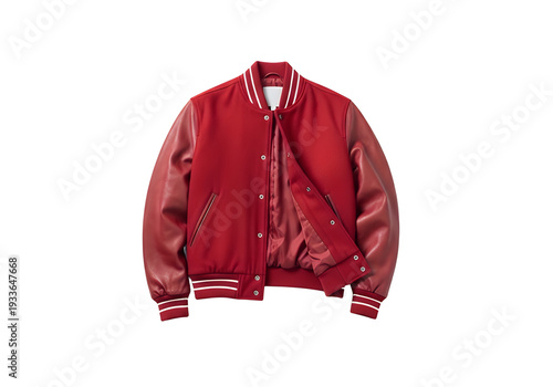 Red varsity jacket with leather sleeves on a white background Its partially unbuttoned White stripes on the collar cuffs and hem