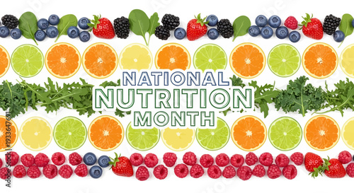 Flat lay illustration of assorted colorful fruits arranged in rows with National Nutrition Month text in the center on a white background.