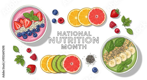 Illustration of healthy food bowls and fruits for National Nutrition Month design with vibrant colors on a white background.