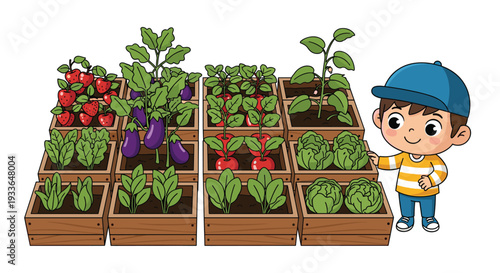 Young boy standing next to several wooden crates filled with various fresh vegetables like apples, eggplants, radishes, and lettuce in a garden.
