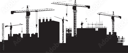 Black silhouette construction site with cranes and buildings