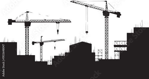 Black silhouette construction site with cranes and buildings