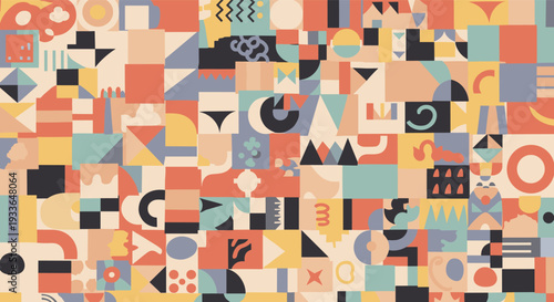 Vibrant abstract background composed of various geometric shapes and symbols in a colorful mosaic pattern for modern and artistic design.