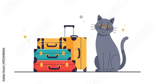 Cute grey cat sitting next to a stack of colorful suitcases, suggesting themes of travel, moving house, or going on a vacation with a pet.