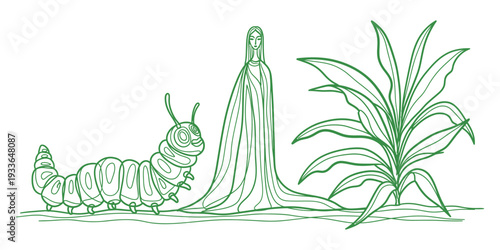 A caterpillar eating a plant with large leaves and a tall stem