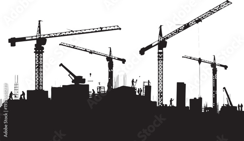 Black silhouette construction site with cranes and buildings