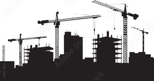 Black silhouette construction site with cranes and buildings