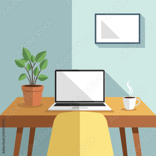 Modern Home Office Setup with Laptop and Coffee.