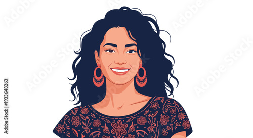Beautiful young woman with long dark curly hair and large hoop earrings smiling brightly, wearing a floral patterned top in a portrait.