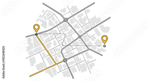 Detailed city street map showing a planned route with a dotted line between two yellow location pins for navigation and logistics purposes.