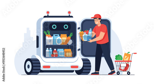 Modern delivery scene showing an autonomous delivery robot being unloaded by a person with a basket of fresh groceries in a city setting.