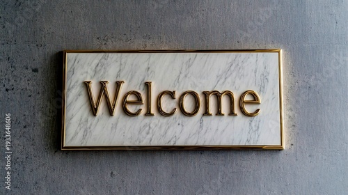 An ultra-luxurious and minimalist welcome plaque at the entrance of a high-end jewelry store or designer boutique within a hotel